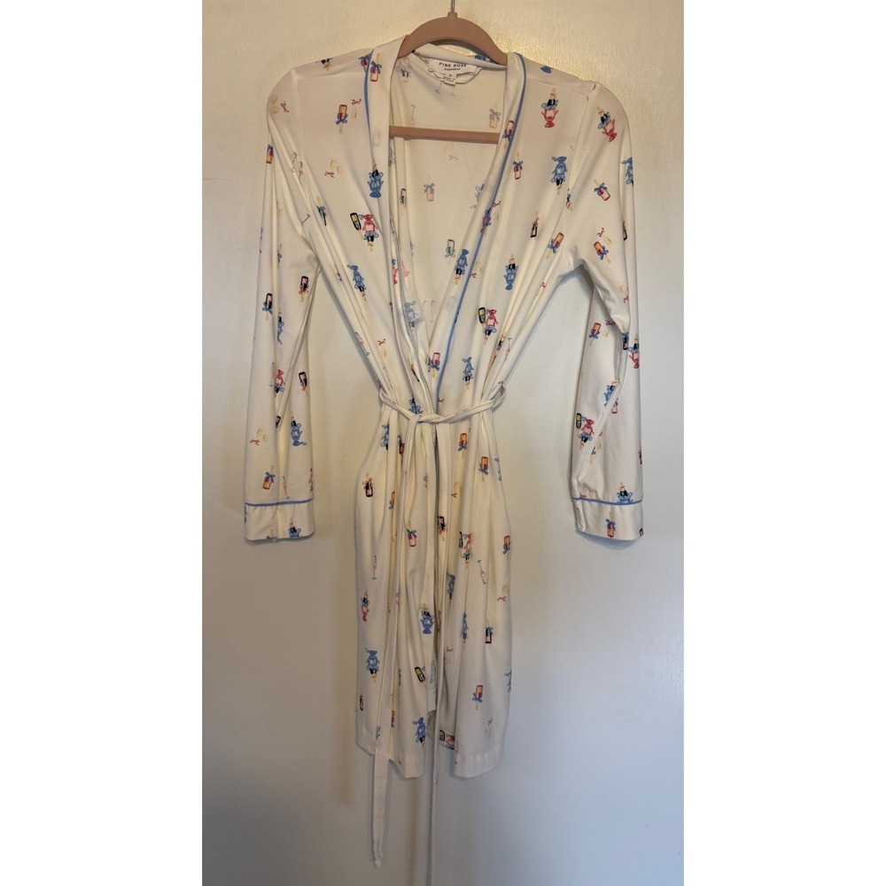 Pink Rose Sleepwear Robe – Champagne Bottle & Flute Print – Women's Medium